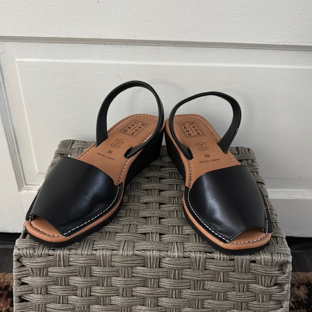 Black Leather Handmade Wedge Espadrilles Made in Spain Size 39